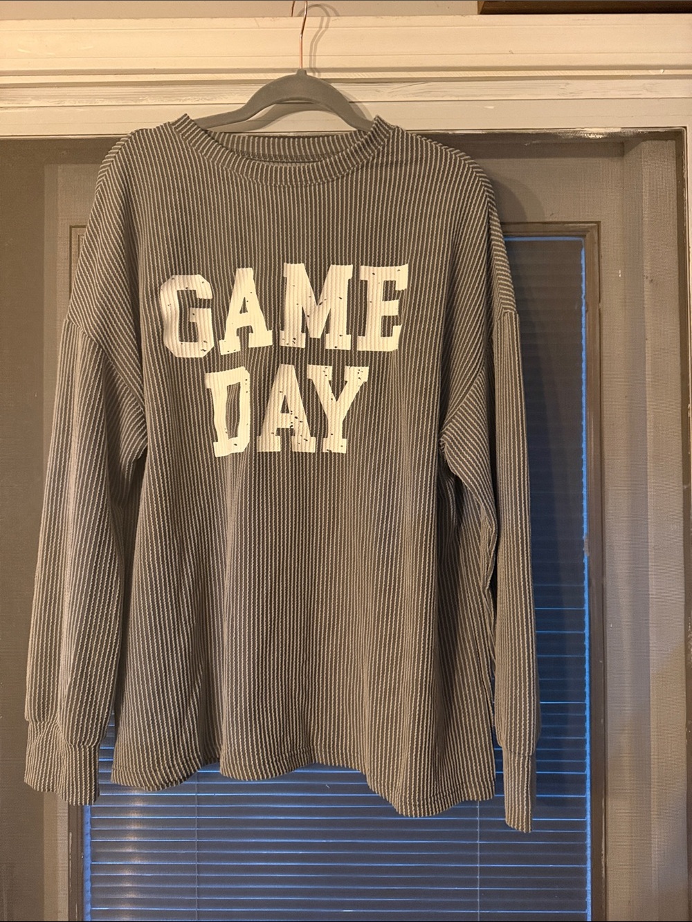 GAME DAY Long-Sleeve Waffle Knit Shirt - White Text on Gray